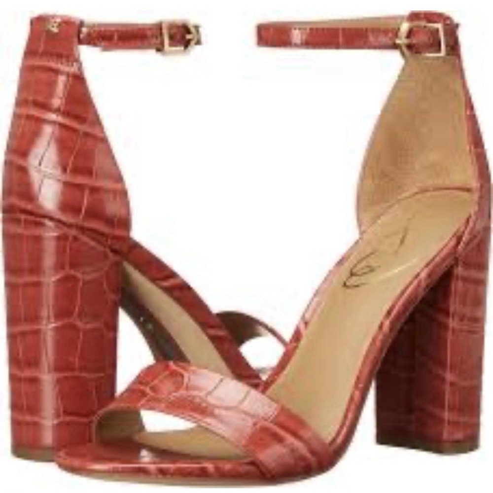 Sam Edelman Yaro block-heel sandals in a vibrant rose red Size 7.5 Croc Embossed